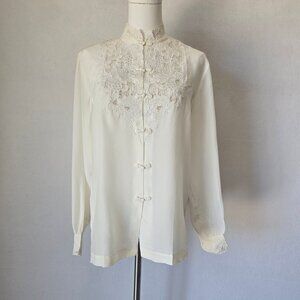 NWT Vintage DA FU GUI Chinese Silk Hand Embroidered Mandarin Neck Blouse Ivory